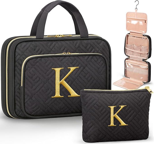 Personalized Gifts for Women, Initial Toiletry Bag Hanging Travel Organizer & Makeup Cosmetic Bag with Embroidery Letter Teacher Appreciation Gift Birthday Christmas Gifts for Mom Wife Friend Sister