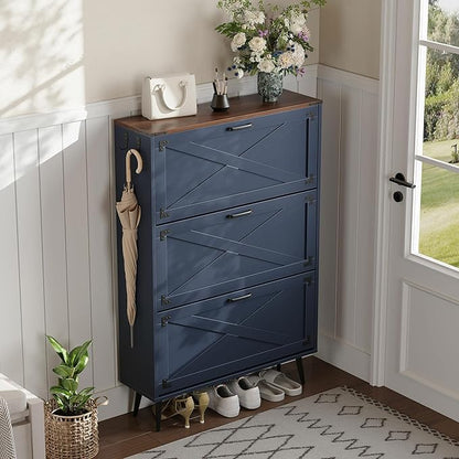 Shoe Organizer Cabinet Narrow with 3 Flip Drawers Shoe Rack Cabinet Hidden Slim Freestanding Shoe Storage Cabinet 24 Shoes for Entryway,Living Room, Blue Walnut