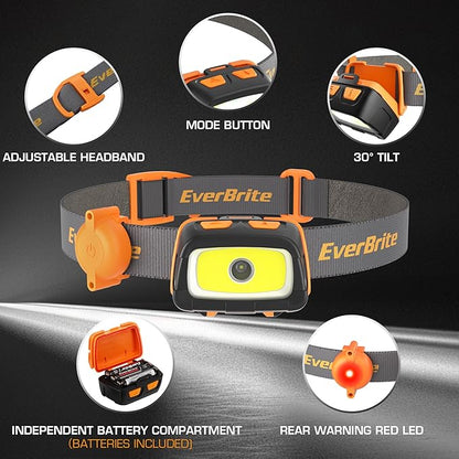 EverBrite 300 Lumens Headlamp with Red/Green/White Light Modes, Tail Light, Adjustable Headband - For Trail Running, Camping, Hiking