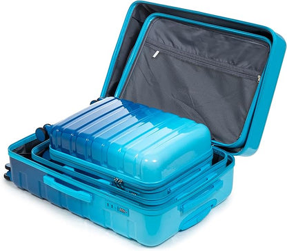 Campfun 3 Piece Luggage Sets, PC Gradient Color Suitcase Set with Double Spinner Wheels, Durable Carry On Luggage with Combination Lock, 20/24/28 inch, Light Blue+Navy