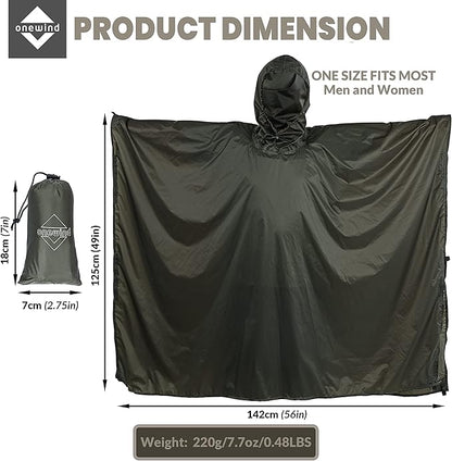 onewind Hooded Rain Poncho, Silnylon Rain Coat Versatile Survival Shelter Waterproof Breathable Lightweight Poncho
