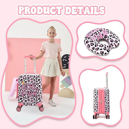 Kid's Luggage Set 2 Piece Suitcase Set 16" Hardside Luggage with Spinner Wheels Girls Carry on Toddler Travel Rolling Suitcase with Neck Pillow Airline Approved