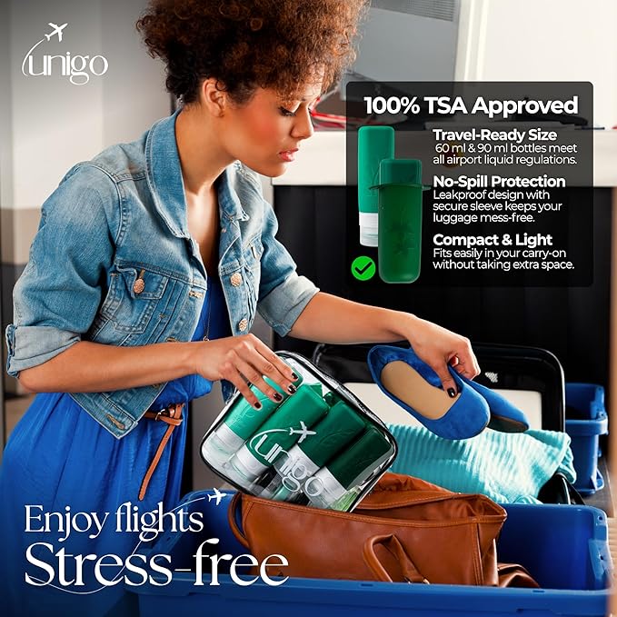 unigo 30pack Full Set TSA Approved Travel Bottles for toiletries, Travel Size Containers for Toiletries, Refillable Leakproof Shampoo and Conditioner Bottles, Toiletry Containers (Green)