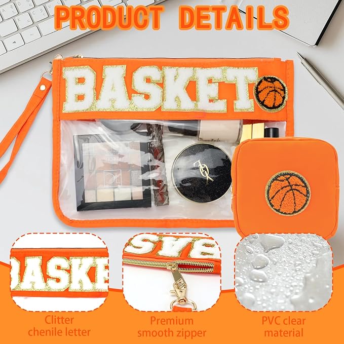 2 Pcs Basketball Gifts Makeup Bag with Chenille Letter Patch,with Handles PVC Waterproof Clear Makeup Bag,Portable Toiletry Storage Bag,Players & Fans Birthday, Team or Sports Lover Presents
