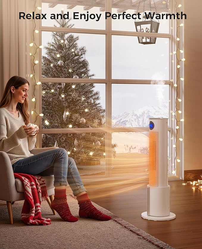 Space Heater with Humidifier - Portable Tower Heaters for Indoor Use, Remote, Adjustable Thermostat, 3 Heat Modes, Multiple Safety Protection, 12H Timer, Quiet Electric Heater for Bedroom