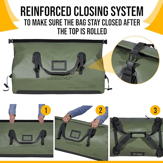 LEGEND Waterproof Duffel Bag - Heavy Duty Duffle Bag for Outdoor, Camping, Boating & Travel, Premium PVC Dry Duffel Bag, Motorcycle Dry Bag with Durable Strap & Handles with Large Storage - 40L Green