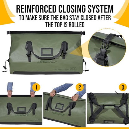 LEGEND Waterproof Duffel Bag - Heavy Duty Duffle Bag for Outdoor, Camping, Boating & Travel, Premium PVC Dry Duffel Bag, Motorcycle Dry Bag with Durable Strap & Handles with Large Storage - 80L Green