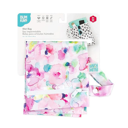 Bumkins Waterproof Wet Bag for Baby, Travel, Swim Suit, Cloth Diapers, Pump Parts, Pool, Beach, Gym Clothes, Toiletry, Hook to Stroller, Daycare, Zip Reusable Wetdry Packing Pouch, Watercolors Floral