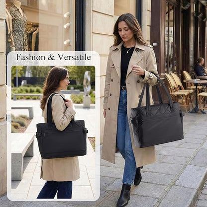 Puffer Tote Bag for Women, Work Bag with Cup Holder, Teacher Bag with Compartments, Quilted Tote Bag with Zipper for Travel