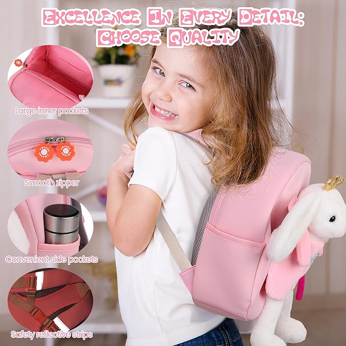 Large Rabbit Toddler Backpacks with Soft Bunny Dolls & Leash Preschool Backpack with Stuffed Animals for School Travel, 5 6 7 8 9 Year Old