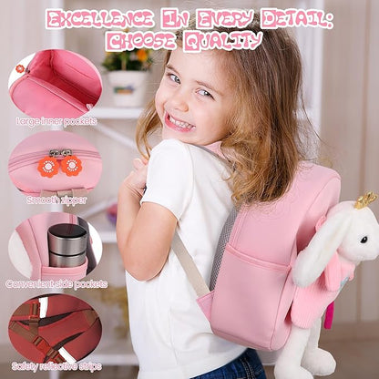 Large Rabbit Toddler Backpacks with Soft Bunny Dolls & Leash Preschool Backpack with Stuffed Animals for School Travel, 5 6 7 8 9 Year Old