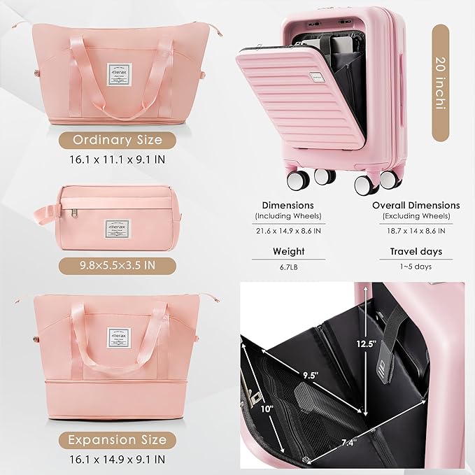 Merax 4-Piece Luggage Set with USB Charging Ports Suitcase with TSA Lock Travel Duffel Bag Wet-Dry Toiletry Bag, pink+Bag