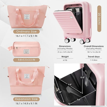 Merax 4-Piece Luggage Set with USB Charging Ports Suitcase with TSA Lock Travel Duffel Bag Wet-Dry Toiletry Bag, pink+Bag