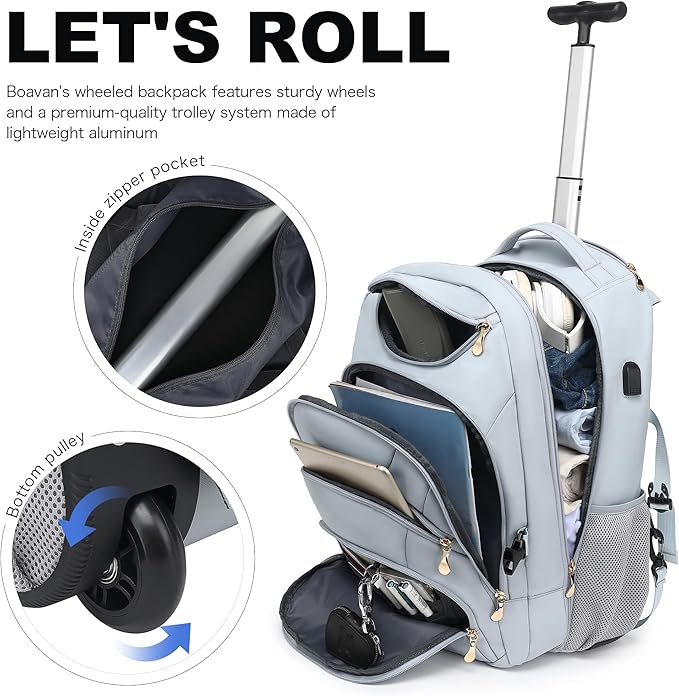Boavan Rolling Backpack for Women, 17.3 Inch Wheeled Laptop Backpack,Large Travel Carry-On Bag for Teachers College Students, USB Charging Port Waterproof Business for Airplane Overnight Luggage，Blue