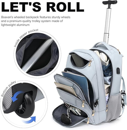 Boavan Rolling Backpack for Women, 17.3 Inch Wheeled Laptop Backpack,Large Travel Carry-On Bag for Teachers College Students, USB Charging Port Waterproof Business for Airplane Overnight Luggage，Blue