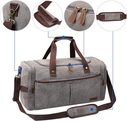 S-ZONE 65L Expandable Canvas Duffle Bag Travel Overnight Holdall Weekend Bag with Shoes Compartment Large Carry On Bag Tote Gym Bag for Men Women, Light Gray, X-Large, Travel Duffle