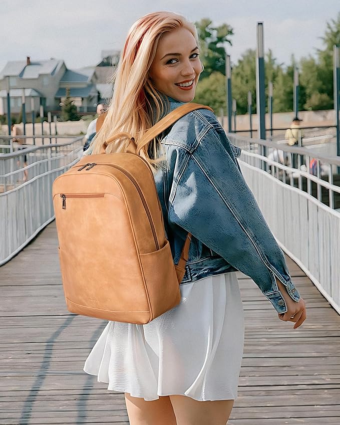 MASINTOR 15.6 inch Leather Laptop Backpack Purse for Women, Designer Travel and Work Bag with Laptop Compartment Retro Camel