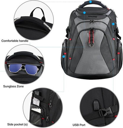 KROSER Travel Laptop Backpack 17.3 Inch XL Computer Backpack with Hard Shell Saferoom RFID Pockets Water-Repellent Business College Daypack Stylish Bag for Men/Women-Black Grey