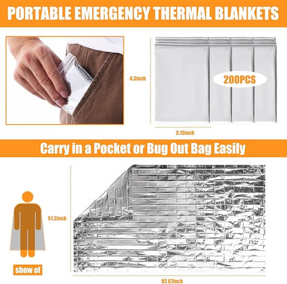 200PCS Emergency Blankets Foil Mylar Thermal Individually Wrapped, Waterproof Survival Blanket for Camping, Outdoors, First Aid Kit Travel