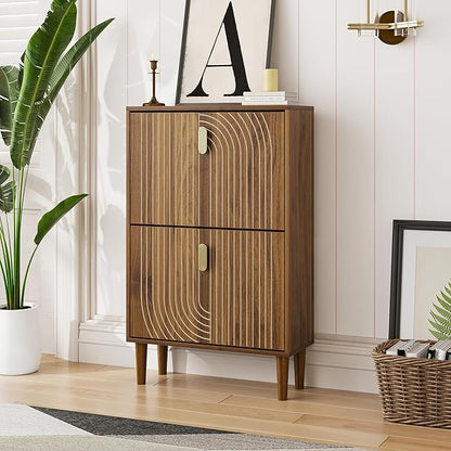 Spaco Walnut Shoe Cabinet with 2 Flip Drawers for Entryway,Narrow Shoe Storage Cabinet with Wood Leg,Freestanding Slim Shoe Organizer for Entryway, Hallway