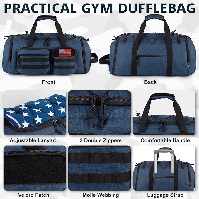 Tactical Gym Bag for Men，50L Large 3 in 1 Sports Duffle Bag with Shoes Compartment for Travel,Water Resistant Travel Backpack Weekender Overnight Bag with Wet Pocket for Women