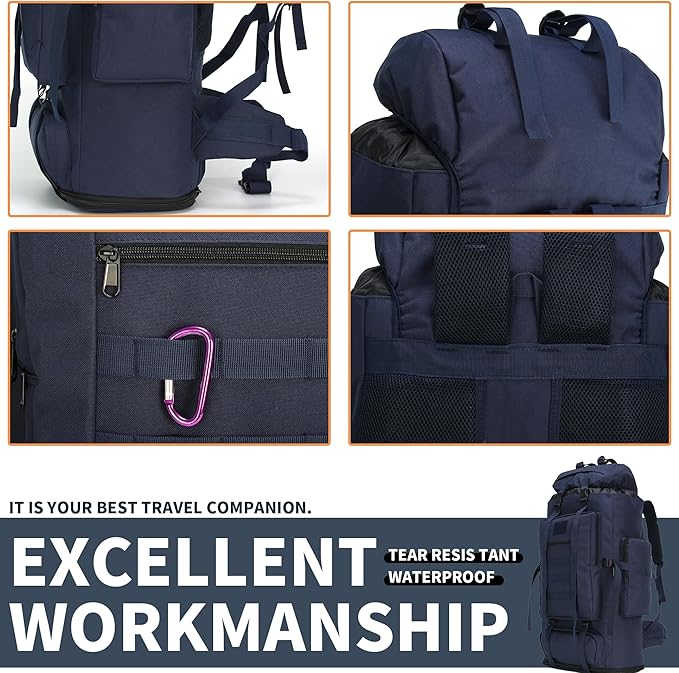 100L Hiking Camping Backpack MOLLE Rucksack Waterproof Daypack (Blue)
