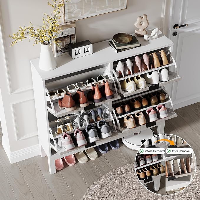 GAOMON Shoe Cabinet with 4 Flip Drawers, Entryway Cabinet with Adjustable Shelves, Accommodate 16 to 20 Pair of Shoes, Space-Saving Slim Shoe Cabinet for Entryway, Hallway, Front Door, White Grey