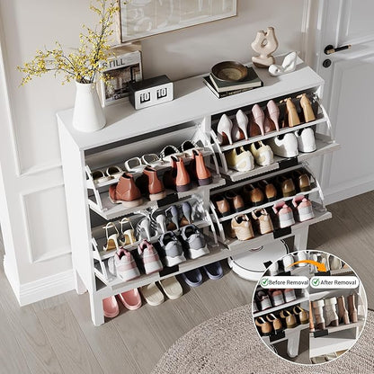 GAOMON Shoe Cabinet with 4 Flip Drawers, Entryway Cabinet with Adjustable Shelves, Accommodate 16 to 20 Pair of Shoes, Space-Saving Slim Shoe Cabinet for Entryway, Hallway, Front Door, White Grey
