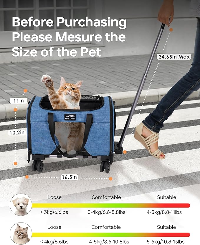 Pet Carrier with Removable Wheels American Airline Approved, Rolling Cat Carrier with Telescopic Handle and Shoulder Strap, Breathable Soft-Sided Carrier with Locking Zipper for Small Cats Dogs(Blue)