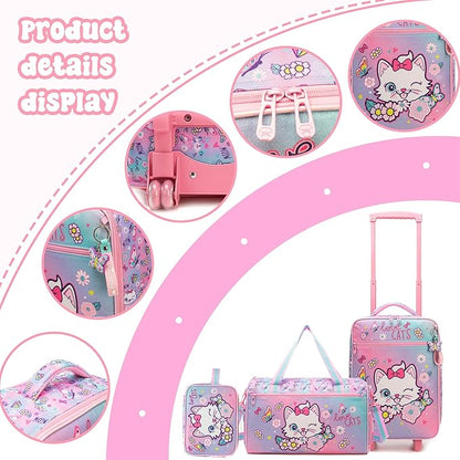 Kids Luggage Set with Wheels Girls Cute Cat Travel Softside Suitcases 16" Carry on Suitcase with Duffle Bag Girls Luggage Sets Airline Approved