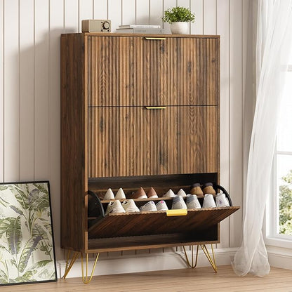 Shoe Storage Cabinet with 3 Flip Drawers, 31.5" W Fluted Shoe Cabinet for Entryway, Hidden Shoe Cabinet Storage, Narrow Free Standing Shoe Orgnaizer Rack Cabinet for Foyer Hallway, Natural