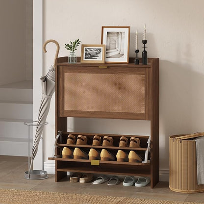 EROMMY Shoe Storage Cabinet, Farmhouse Ratten Shoe Cabinet, Modern Freestanding Organizer with 2 Flip Drawers, Hallway, Narrow Shoe Rack Cabinet for Entryway, Slim Shoe Cabinet, Walnut