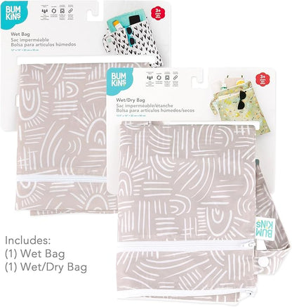Bumkins - Waterproof Wet and Wetdry Bags - For Beach, Baby, Travel, Swim Suit, Cloth Diapers, Pump Parts, Pool, Gym, Toiletries - Reusable & Easy to Clean - Boho Beige - 2 Pack