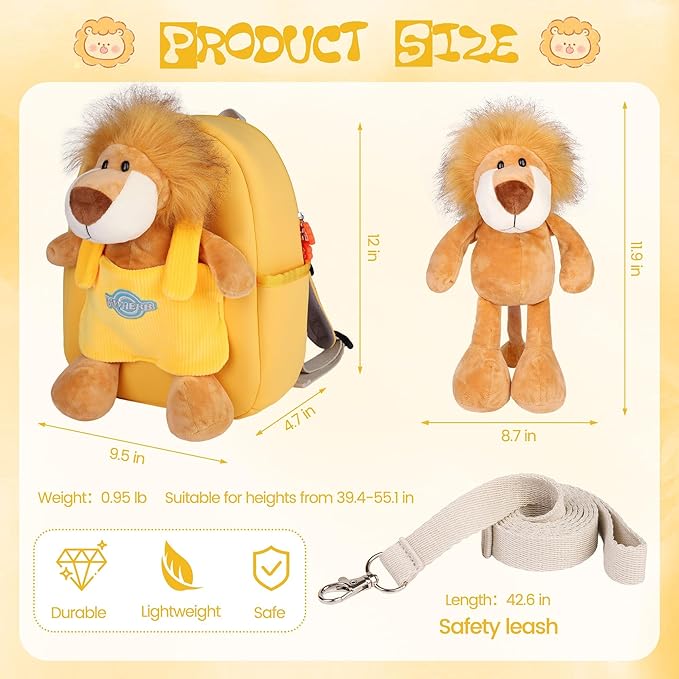 Large Lion Toddler Backpacks with Soft Dolls & Leash, Preschool Backpack with Stuffed Animals for School Travel, 5 6 7 8 9 Year Old