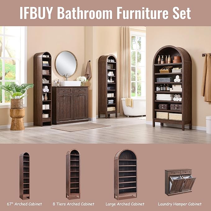 71" Tall Arched Bathroom Storage Cabinet, 8-Tier Modern Farmhouse Storage Cabinet with Adjustable Shelves, Wood Freestanding Cabinet for Bathroom, Living Room, Entryway, Hallway (Brown)