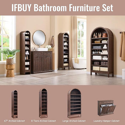 71" Tall Arched Bathroom Storage Cabinet, 8-Tier Modern Farmhouse Storage Cabinet with Adjustable Shelves, Wood Freestanding Cabinet for Bathroom, Living Room, Entryway, Hallway (Brown)