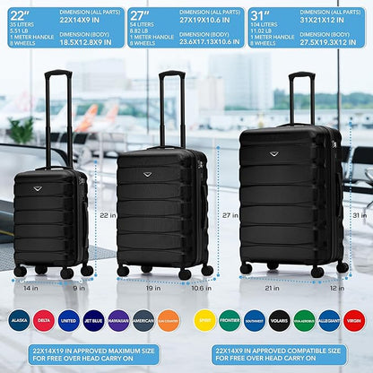 Flight Knight Luggage Sets TSA Lock Silent Double Spinner Wheels Suitcase With Case Maximum Carry On Bag Size For American & United Approved Airlines(3 Piece Set (22/27/31"),Black)