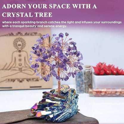 Amethyst Crystal Tree with Rainbow Titanium Cluster Base Tree of Life Decor for Shelf, Bedroom, Birthday Gifts for Women, Sister Gifts, Birthday Gifts for Mom, Cute Home Decor, Purple Decor Present