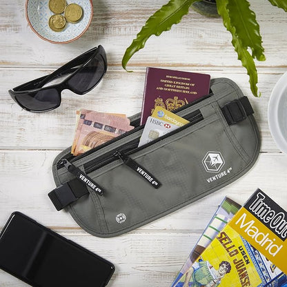 VENTURE 4TH Money Belt for Travel – Hidden Under-Clothes RFID Blocking Passport Holder & Slim Travel Wallet Pouch for Men & Women to Protect Cash, Cards & Documents (Gray)