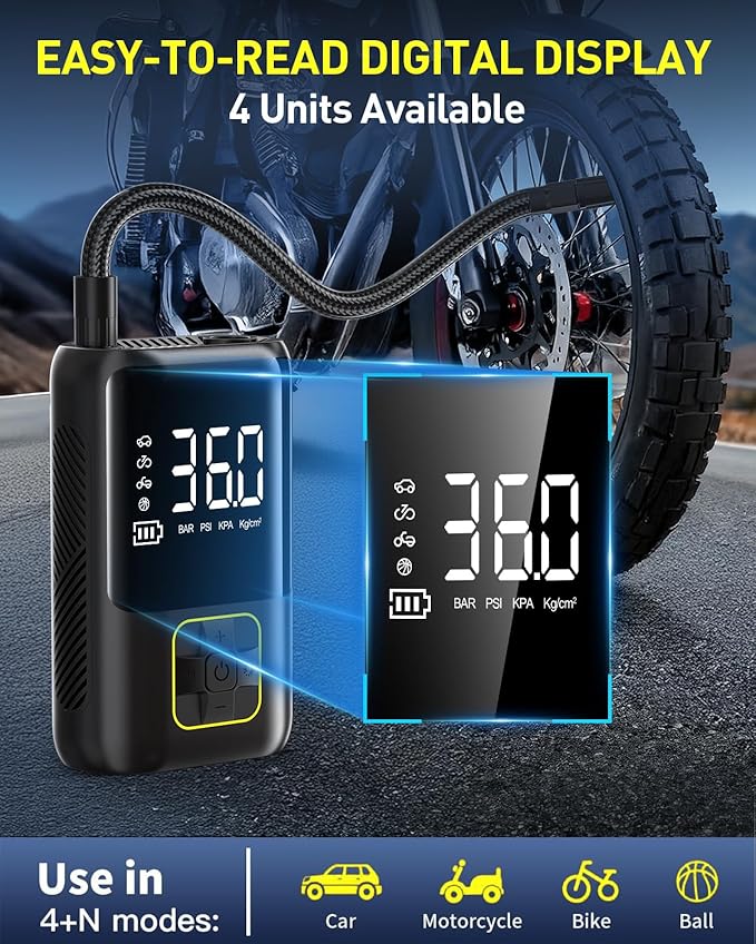 Tire Inflator Portable Air Compressor, 150 PSI Cordless Air Pump for Car Tires with Auto Shut-Off, LED Light and Digital Pressure Gauge, Electric Bike Tire Pump for Cars, Bike, Motorcycle, Ball