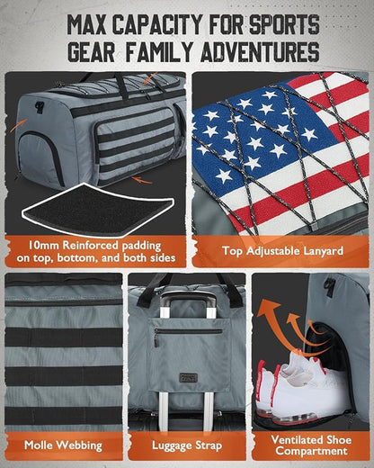 Gonex 130L Extra Large Duffel Bag for Men, Heavy Duty 3 in 1 Convertible Carry Travel Duffle, with Shoe Compartment, Tactical Loops, Sports Gear Bag for Family Trips (Gray)