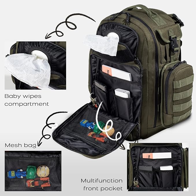 Dad Diaper Bag, Mens Diaper Bag Backpack with Diaper Changing Mat, Military Diaper Backpack with Molle Webbing, Waterproof Pouch, Baby Wipes pocket, Insulated Bottle Pockets- Jungle Green