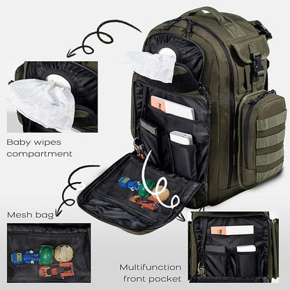 Dad Diaper Bag, Mens Diaper Bag Backpack with Diaper Changing Mat, Military Diaper Backpack with Molle Webbing, Waterproof Pouch, Baby Wipes pocket, Insulated Bottle Pockets- Jungle Green