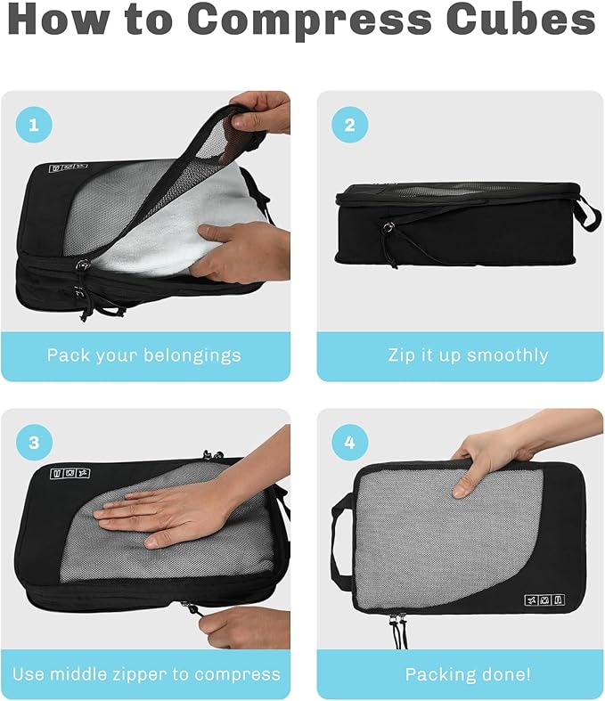 Hynes Eagle 6 Set/ 4 Set/ 2 Set Compression Packing Cubes Travel Essentials Lightweight Nylon Luggage Suitcase Organizer Bag Black 2PCS