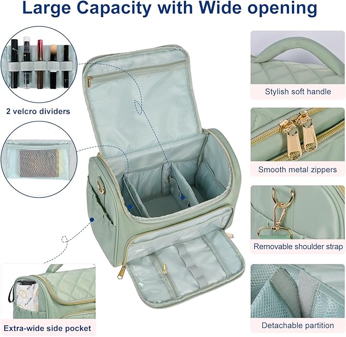 Travel Toiletry Bag Large Cosmetic Makeup Bag Organizer for Women,Wide-open Make Up Bag Waterproof Makeup Case Travel Bag with Handle and Dividers for Toiletries,Essentials,Accessories,Green