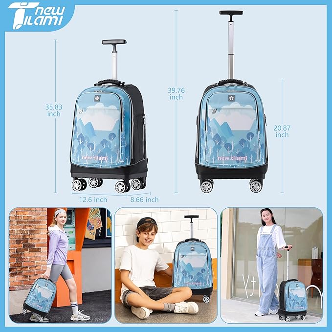 NEW TILAMI 19 Inch Rolling Backpack 360°rotating Universal Wheel, Large Organizer Compartments, Adjustable Handle, Carry on for School Students Business Travel, Misty Blue Forest
