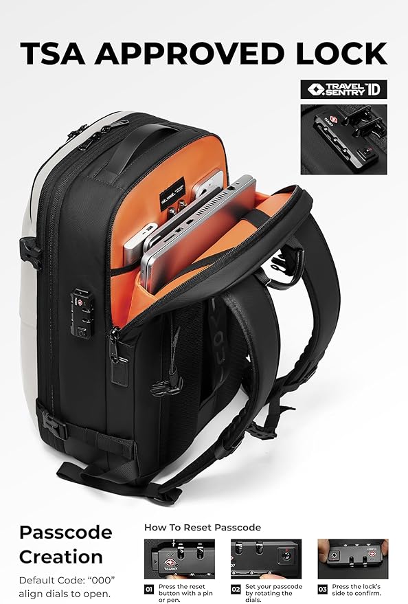 AirVault Vacuum Seal Travel Backpack 60L with Expandable Vortex Air Compression Vacuum System Water Resistant TSA Lock (Vacuum Pump Included, White, 60L)