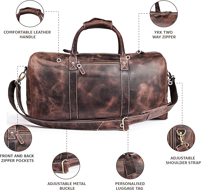 Leather Village Leather Duffel Bags for Men & Women-Stylish Travel Weekender Carry-On Sports Gym Overnight Luggage Bag - 20 Inch - Rustic Brown
