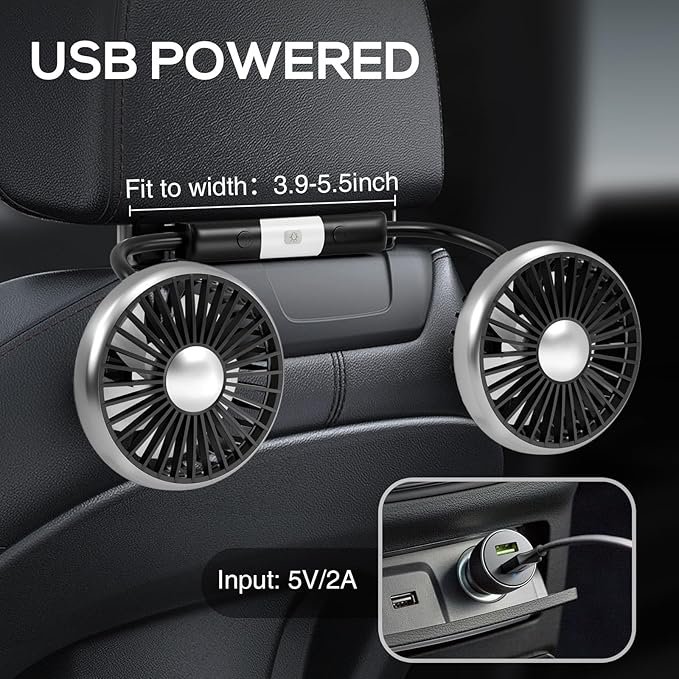 Dealswin Car Fan for Backseat Kids, 2025 Upgraded Dual-Head Car Seat Fans with LED Lights, 3-Speed and 360° Rotatable USB Powered for SUV, RV, Truck, Vehicles