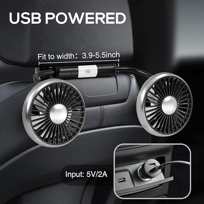 Dealswin Car Fan for Backseat Kids, 2025 Upgraded Dual-Head Car Seat Fans with LED Lights, 3-Speed and 360° Rotatable USB Powered for SUV, RV, Truck, Vehicles